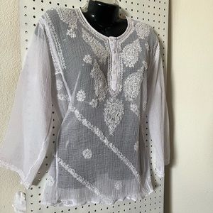 Greta Gauzy Sheer Subtle Sparkle Crinkled Tunic Free Size
